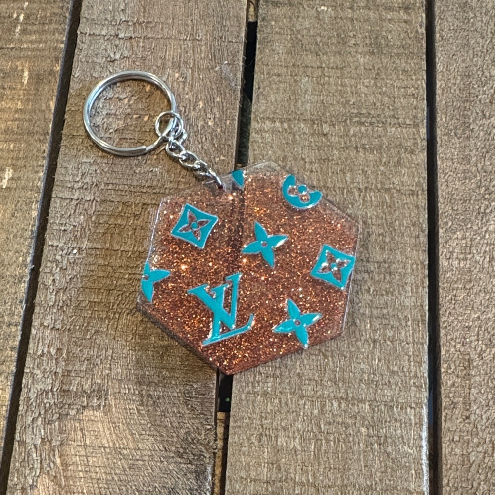Glitter Hex Keychain with Teal Monogram Motifs